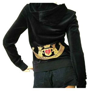 Juicy Couture Black Velour Hoodie with Gold Crest Embroidery